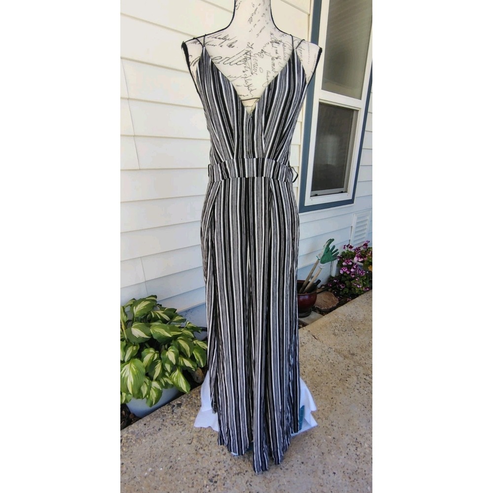 Boho Womens Vertical Black White Striped Wide Leg Summer‎ Jumpsuit L Backless